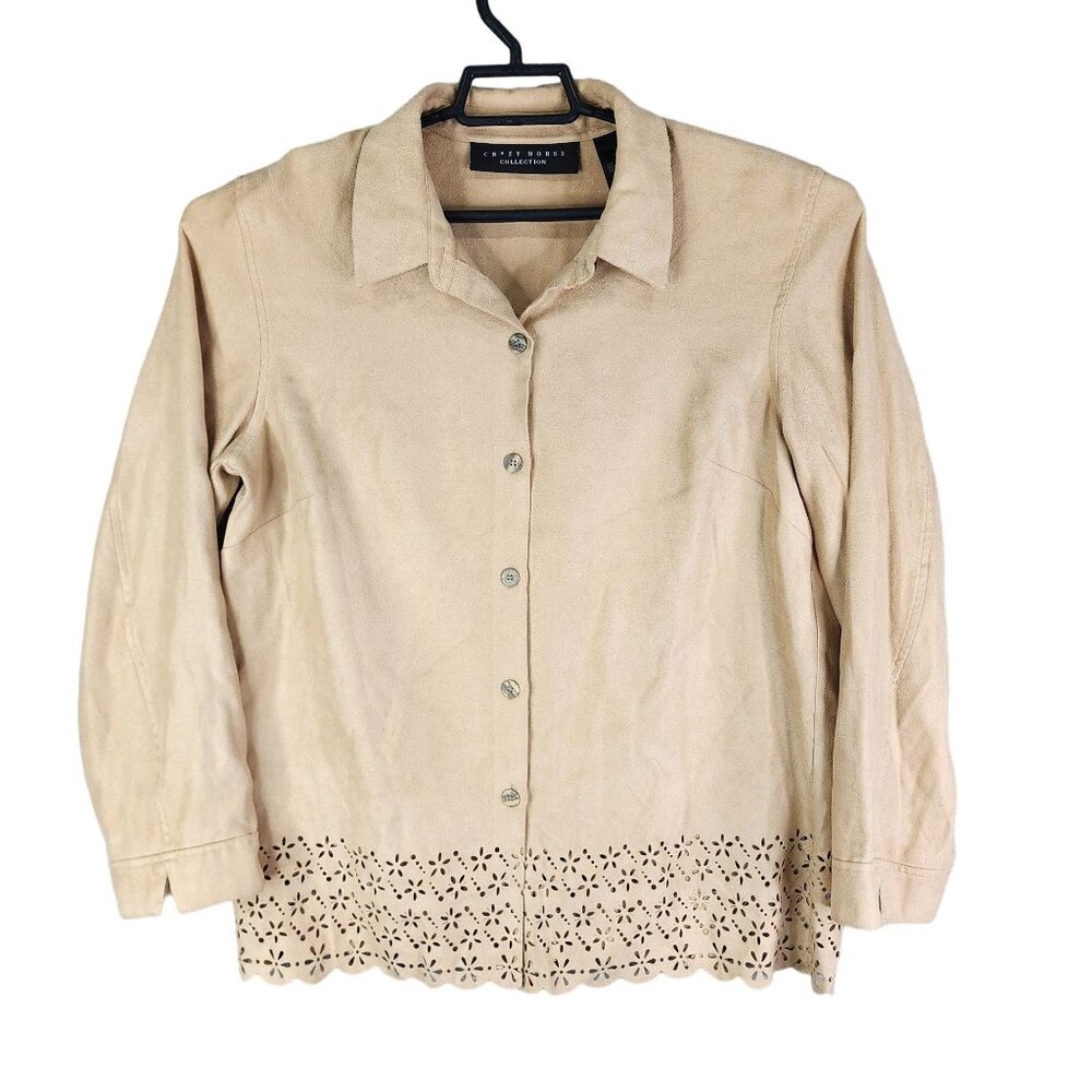 Womens Beige Crazy Horse Faux Suede Button Up Shirt Eyelet Hem Design Size L